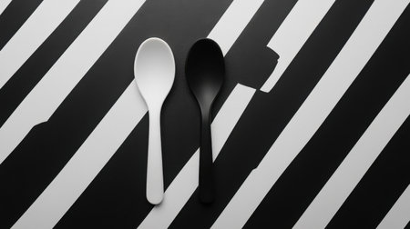 This artistic image features a black and white minimalist design with two spoons of contrasting colors on a striped background, ideal for modern kitchenware themes.の素材