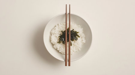 A close-up view of freshly steamed rice topped with seaweed, elegantly served in a white ceramic bowl. Wooden chopsticks complement the minimalist presentation.の素材