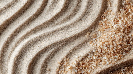 A close-up image featuring flowing sand patterns alongside natural rock salt crystals, offering an appealing visual for design, culinary, and artistic projects.の素材