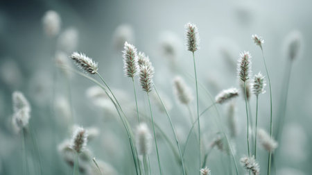 A serene view of delicate grass blades with fluffy heads illuminated by soft natural light. This image captures the essence of calmness and beauty in nature.の素材
