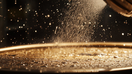 A meticulously captured moment showcases fine granulated substance sprinkling over a reflective surface. The interplay of light creates a captivating visual effect, highlighting texture.の素材
