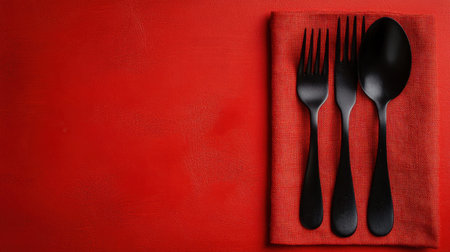 A striking arrangement features elegant black cutlery set on a vibrant red linen cloth, showcasing simplicity and style for modern dining experiences and culinary presentation.の素材