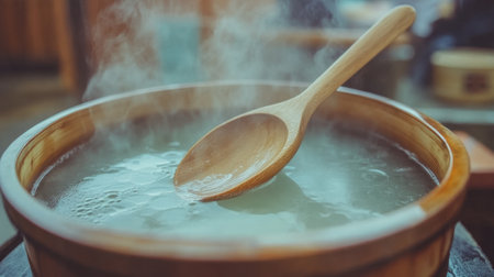 A warm, inviting scene featuring a wooden spoon resting in a bowl of steaming hot soup. This image captures the essence of comfort and homestyle cooking perfect for culinary enthusiasts.の素材