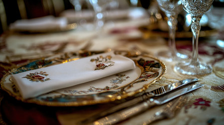 An exquisite dining table setting featuring fine china and elegant crystal glassware, perfect for a formal dinner or special occasion. Capture the essence of luxury and sophistication.の素材