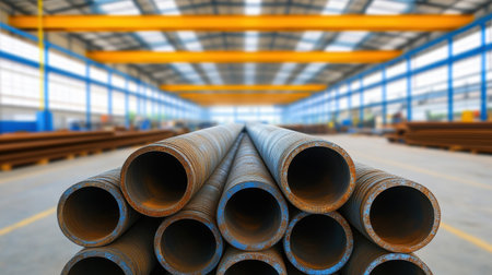 A close-up view of rusty steel pipes stacked in an industrial warehouse, showcasing a spacious and well-lit environment ideal for construction and engineering themes.の素材