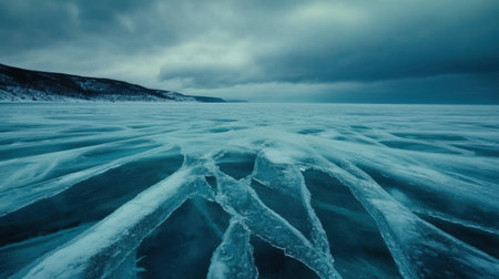 A serene winter landscape showcasing an expansive frozen lake's intricate ice patterns under a dramatic cloudy sky in chilling blue tones. Perfect for nature photography.の素材
