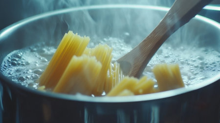 Close-up view of pasta cooking in boiling water, with steam rising and a wooden spoon stirring. A vibrant scene capturing a moment in the culinary process.の素材
