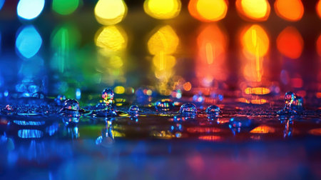 This vibrant and colorful image showcases water drops reflecting a beautiful array of rainbow colors on a surface, creating an artistic and abstract atmosphere.の素材