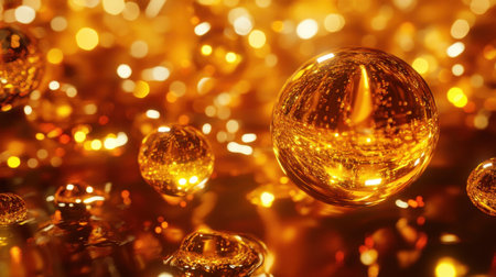 This captivating image showcases golden droplets with shimmering reflections, set against a glowing amber bokeh background, perfect for artistic and commercial use.の素材