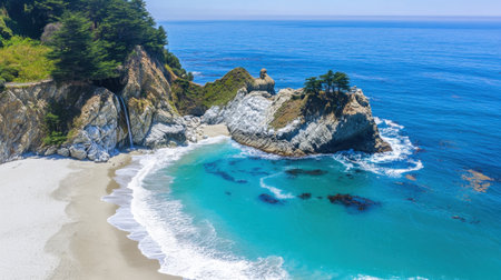 Experience the calming beauty of a coastal scene featuring a secluded beach, clear turquoise waters, and lush green cliffs under a bright sunny sky. Perfect for nature lovers!の素材