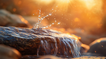 Captivating scene of sparkling water droplets splashing off a rock during sunset, creating a warm, serene atmosphere perfect for relaxation and nature lovers.の素材