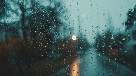 This close-up image shows raindrops on a glass surface, creating a soft focus on the distant street scene in a tranquil and gloomy weather atmosphere.の素材