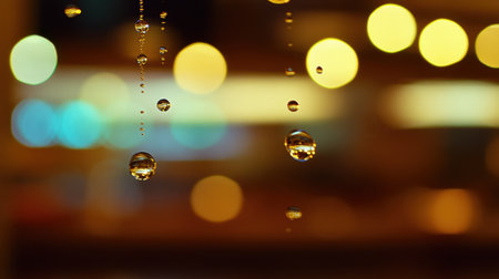 A mesmerizing close-up of water droplets caught in a delicate dance, set against a soft bokeh backdrop that highlights their beauty and elegance.の素材