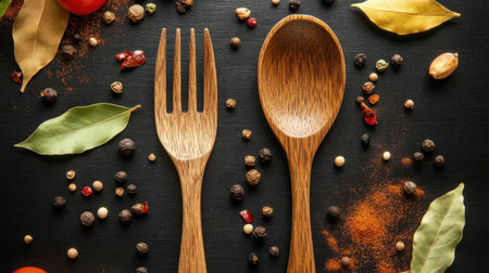 A stunning composition featuring a wooden fork and spoon amidst vibrant spices and fresh ingredients on a dark surface, perfect for culinary-themed projects and designs.の素材