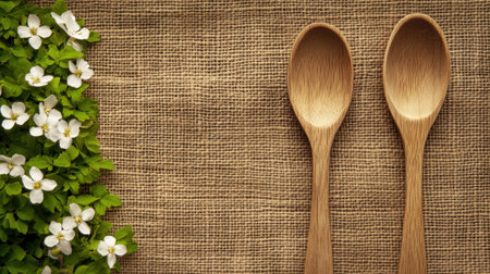 A serene kitchen scene featuring two wooden spoons surrounded by lush green leaves and delicate white flowers on a coarse burlap background, creating a rustic atmosphere.の素材