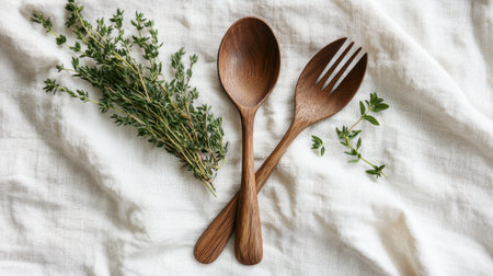 A beautiful arrangement of natural wooden utensils featuring a spoon and fork placed alongside fresh thyme on a soft, neutral fabric background. Perfect for culinary visuals.の素材