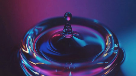 This captivating image captures a water droplet in vibrant neon colors, creating mesmerizing patterns and reflections against a dark backdrop, showcasing beauty and elegance.の素材