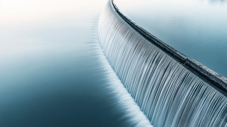 Discover a captivating scene of a gentle waterfall flowing over a curved dam, creating a serene atmosphere. This tranquil image evokes peace and nature's beauty.の素材