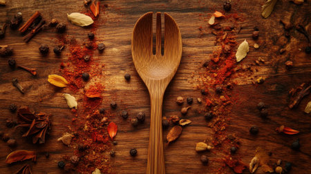 Explore the beauty of a wooden serving spoon surrounded by a colorful array of spices and herbs on a rustic wooden surface, ideal for culinary artistry.の素材