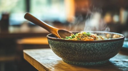 A delightful bowl of steaming noodles topped with fresh vegetables, served with a wooden spoon. Perfect for showcasing comforting and delicious meals in a cozy setting.の素材
