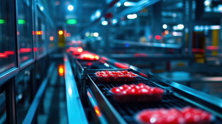 Bright red tomatoes move along a conveyor belt in a modern food processing facility, showcasing automated technology and efficient production methods in a vibrant environment.の素材