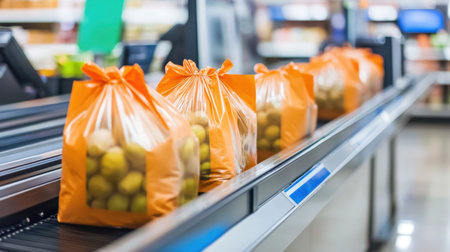 A colorful display of fresh green mangos packaged in orange plastic bags moves along a supermarket checkout conveyor, symbolizing healthy grocery shopping and vibrant choices.の素材