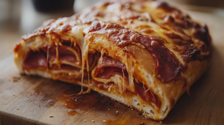This inviting image showcases a freshly baked cheesy pizza loaf filled with pepperoni, sliced and ready to serve, featuring gooey cheese stretching from the warm crust.の素材