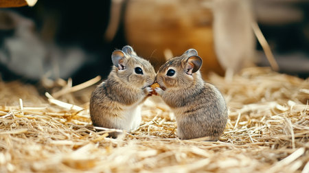 This heartwarming image features two small rodents engaging in a gentle nuzzle, showcasing their affectionate bond in a straw-draped setting that evokes a sense of warmth and charm.の素材