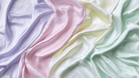 This stunning image features a beautiful display of softly draped pastel fabric in lavender, pink, yellow, and mint green, showcasing delicate textures and colors.の素材