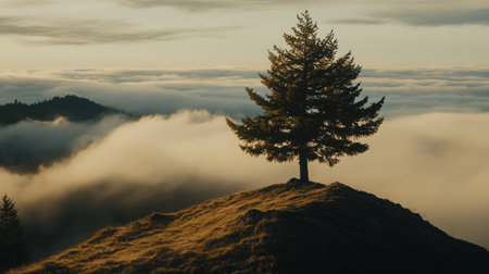 A stunning view of a solitary tree standing tall on a hilltop, surrounded by a blanket of misty clouds at sunrise, showcasing nature's serene beauty and tranquility.の素材