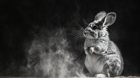 A captivating grey rabbit stands upright with a soft plume of smoke in the dark background, creating a whimsical and serene atmosphere, perfect for artistic projects.の素材