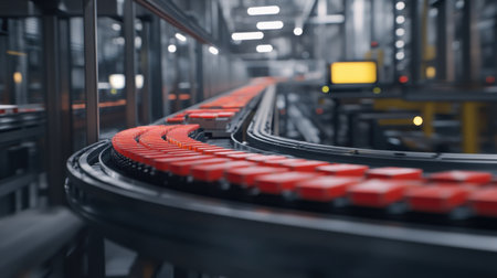 An advanced automated conveyor system efficiently moves red packages through a modern warehouse, showcasing industrial machinery and streamlined logistics operations.の素材