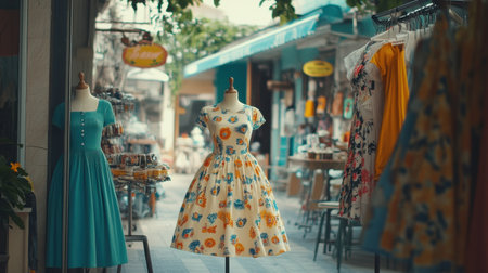 A picturesque outdoor market scene showcasing vintage dresses on mannequins. The vibrant atmosphere is enhanced by colorful canopies and charming shop displays.の素材