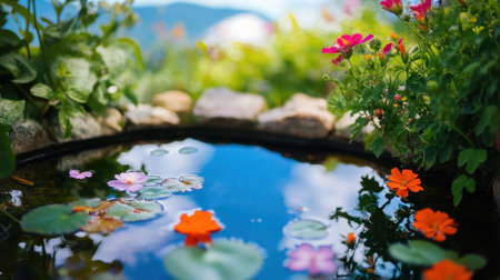 A serene garden featuring a tranquil pond adorned with colorful flowers, reflecting a clear blue sky, creating a peaceful atmosphere perfect for relaxation.の素材