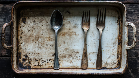 An aesthetic composition featuring a vintage baking tray accompanied by three forks and a silver spoon, ideal for showcasing culinary artistry and rustic kitchen themes.の素材