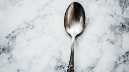 A vintage silver spoon rests elegantly on a textured marble surface, ideal for culinary photography or as a decorative piece showcasing classic style and craftsmanship.の素材