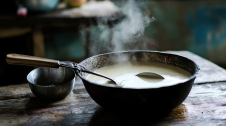 A cozy kitchen scene featuring a steaming bowl of freshly prepared soup on a rustic wooden table. The essence of homemade meals and culinary traditions is captured beautifully.の素材