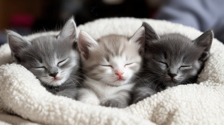 A heartwarming scene of three adorable kittens sleeping peacefully in a soft blanket. This cozy moment captures the innocence and tranquility of these playful pets.の素材
