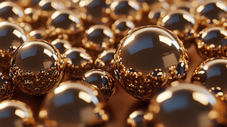 Explore the captivating beauty of golden spheres, reflecting light elegantly, creating an abstract visual feast perfect for backgrounds and design projects.の素材