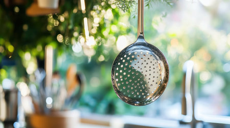 A beautifully lit kitchen scene featuring a metal strainer hanging against a backdrop of vibrant greenery, showcasing the elegant design and culinary tools in a domestic setting.の素材
