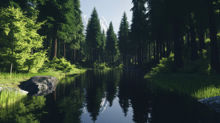 A peaceful forest scene featuring tall pine trees and a calm river, reflecting the clear blue sky. Perfect for nature lovers and those seeking tranquility in the outdoors.の素材