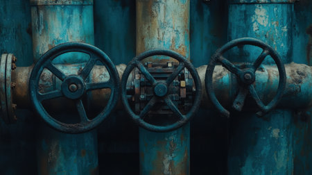 This image showcases a close-up view of industrial pipes and valves, featuring a weathered appearance with a blend of blue and brown tones. Ideal for industrial themes.の素材