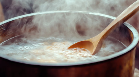 A close-up shot of a steaming pot boiling on a kitchen stove, featuring a wooden spoon immersed in the hot broth, symbolizing the joy of home cooking.の素材