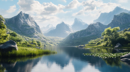 A breathtaking mountain landscape featuring a calm lake that reflects the towering peaks and lush greenery, set under a clear blue sky with soft clouds.の素材