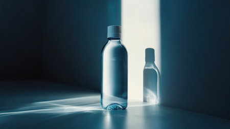 This image features a transparent plastic bottle with water, set against a minimalist background. It captures the serene reflection of light and shadow in a contemporary style.の素材