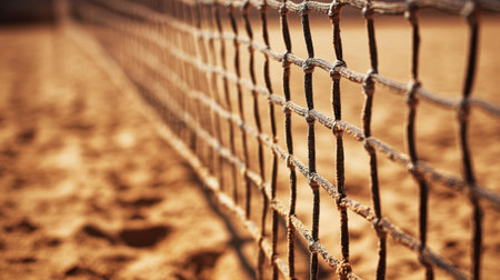 This image captures a close-up view of a tennis net set against a sandy court, highlighting the intricate texture and details of the net's fiber in a warm, outdoor setting.の素材