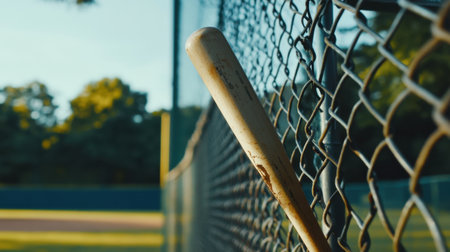 A captivating close-up of a wooden baseball bat resting against a chain link fence, capturing the essence of outdoor sports and summer evenings at the baseball field.の素材