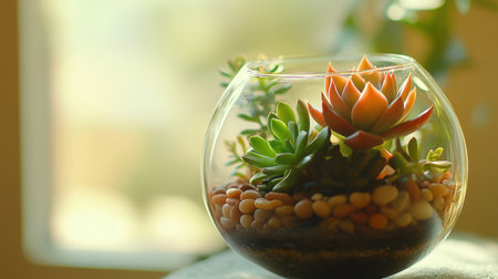 A charming succulent terrarium displayed in a glass container filled with pebbles and soil, showcasing a variety of colorful plants, ideal for home decoration and indoor greenery.の素材