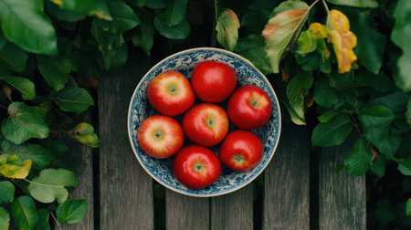 A stunning aerial view of vibrant red apples in a decorative bowl lightly nestled among lush green leaves on a rustic wooden surface, evoking a sense of freshness and nature.の素材