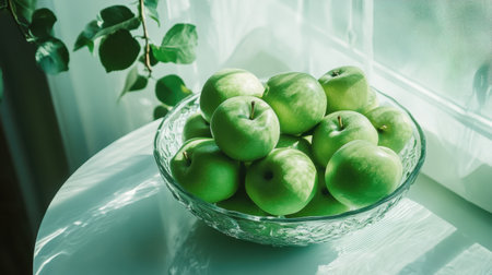 A stunning arrangement of fresh green apples in a clear glass bowl, captured in soft natural light by a window, showcasing a healthy and vibrant lifestyle.の素材